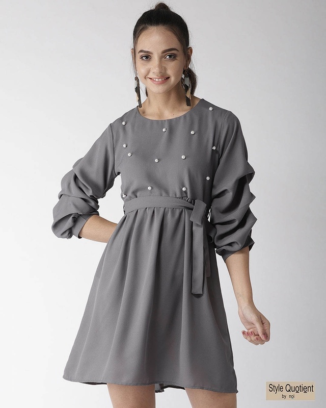 Shop Women's Grey Solid A Line Dress-Front