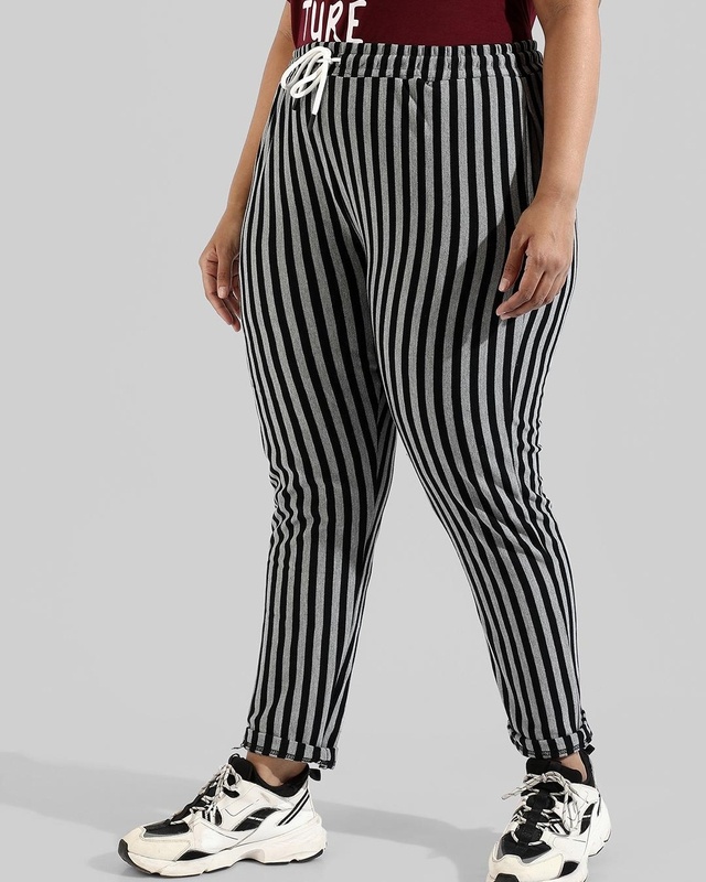 Shop Women's Grey Striped Skinny Fit Plus Size Track pants-Front