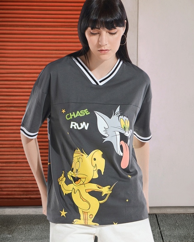 Women's Grey Tom N Jerry Graphic Printed Oversized T-shirt