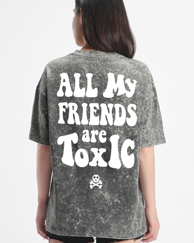 Shop Women's Grey Toxic Graphic Printed Oversized Acid Wash T-shirt-Front