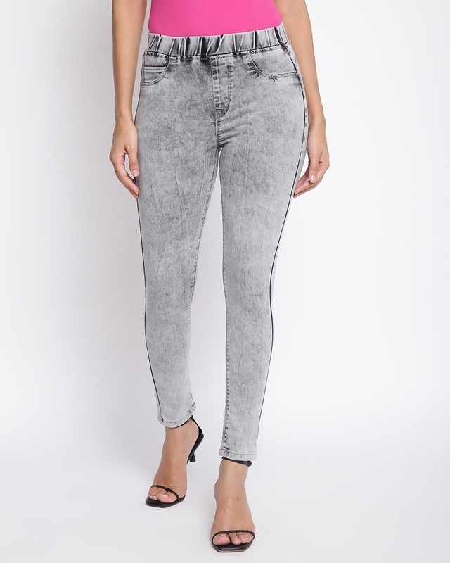 Shop Women's Grey Washed Skinny Fit Jeggings-Front