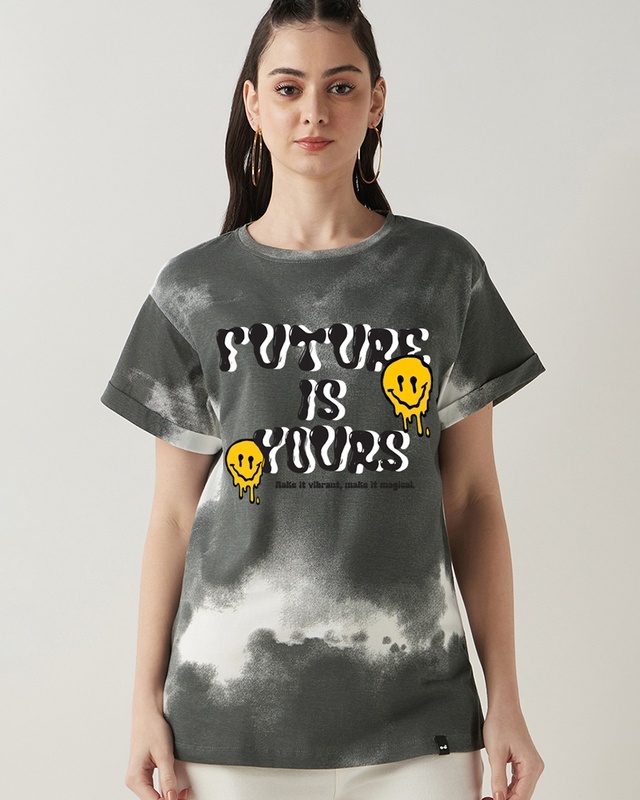 Shop Women's Grey & White Future Is Yours Graphic Printed Boyfriend T-shirt-Front