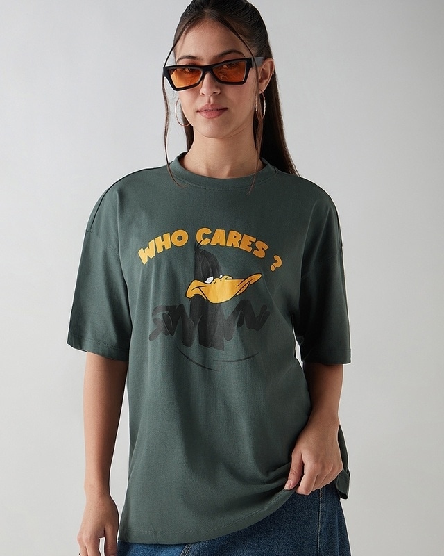 Shop Women's Grey Who Cares Graphic Printed Oversized T-shirt-Front