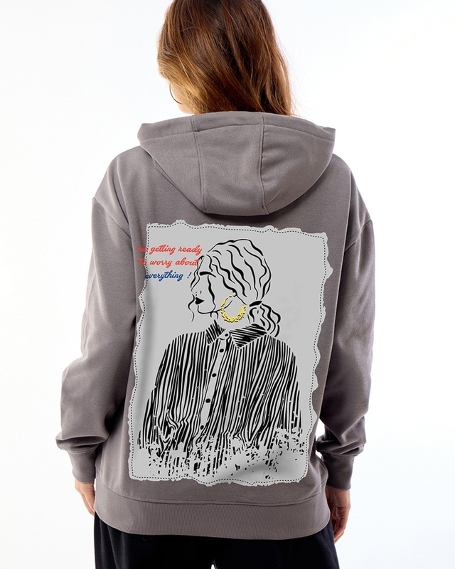 Shop Women's  Grey Worry Ready Graphic Printed Oversized Hoodies-Front