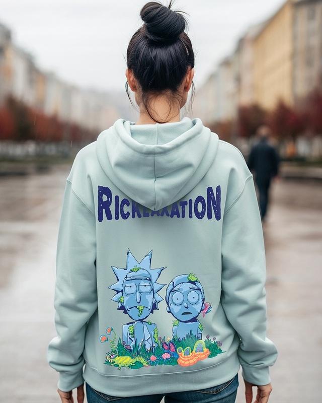 Shop Women's Cyan Stoned Rick & Morty Graphic Printed Oversized Hoodies-Front
