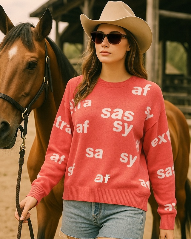Shop Women's Hot Coral Pink All Over Printed Oversized Sweater-Front