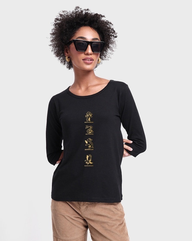 Shop Women's Black House of Hogwarts Graphic Printed Slim Fit T-shirt-Front