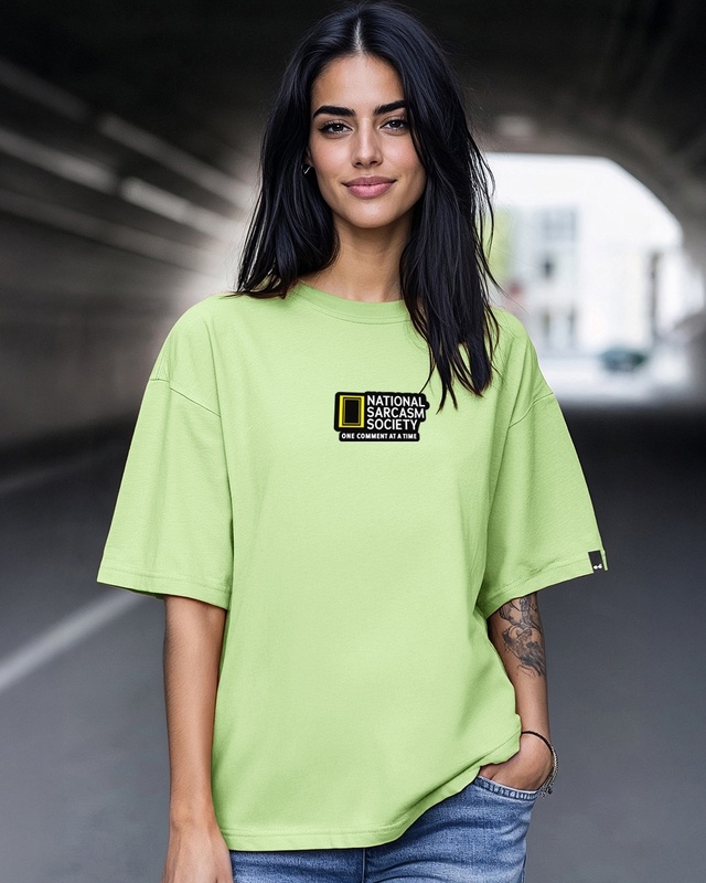 Shop Women's Jade Lime Green Sarcasm Society Typography Oversized T-shirt-Front