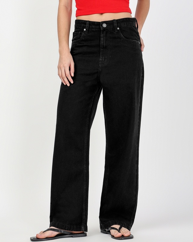 Shop Women's Jet Black Washed Straight Fit Jeans-Front