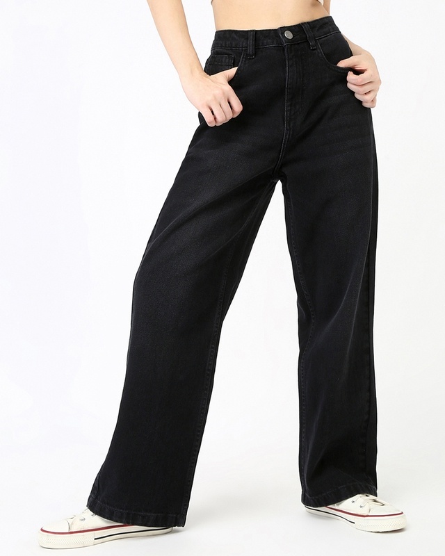 Shop Women's Jet Black Washed Baggy Straight Fit Jeans-Front
