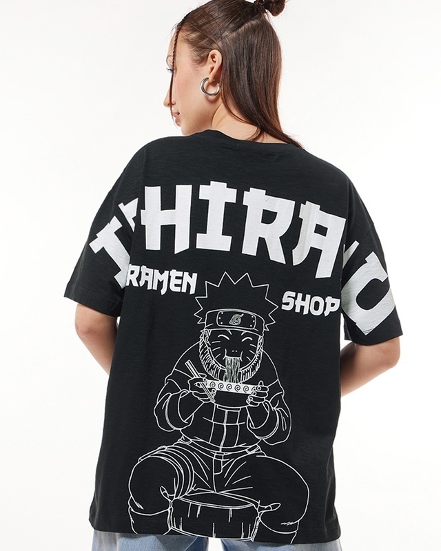 Shop Women's Black Ichiraku Ramen Shop Graphic Printed Oversized T-shirt-Front