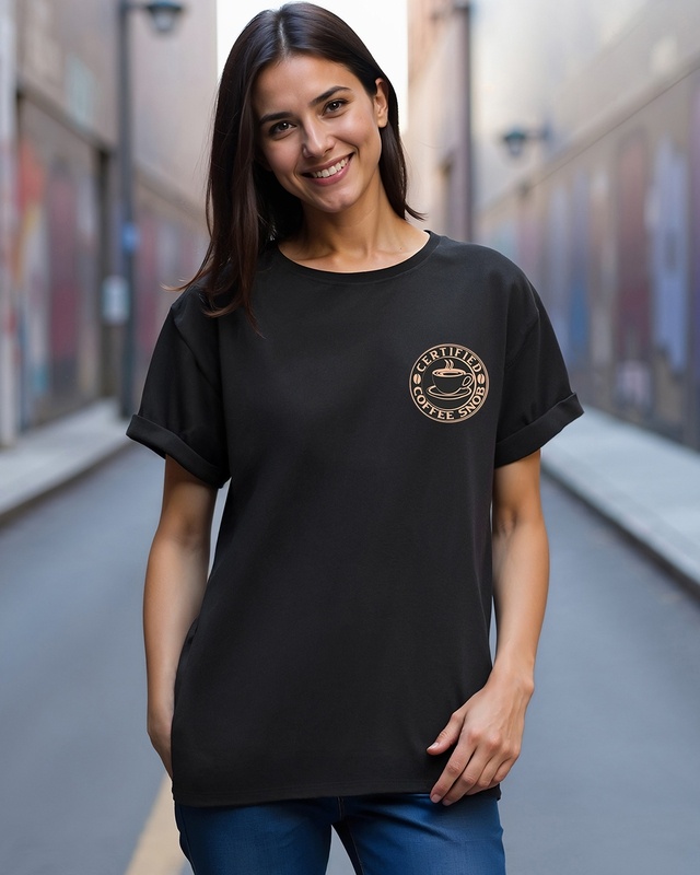 Shop Women's Jet Black Coffee Snob Graphic Printed Boyfriend T-shirt-Front