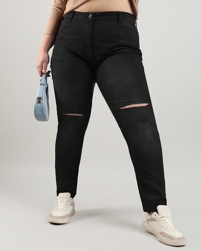 Shop Women's Jet Black Distressed Slim Fit Plus Size Jeans-Front