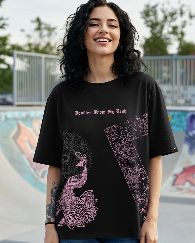 Shop Women's Jet Black Doodles Desh Graphic Printed Oversized T-shirt-Front