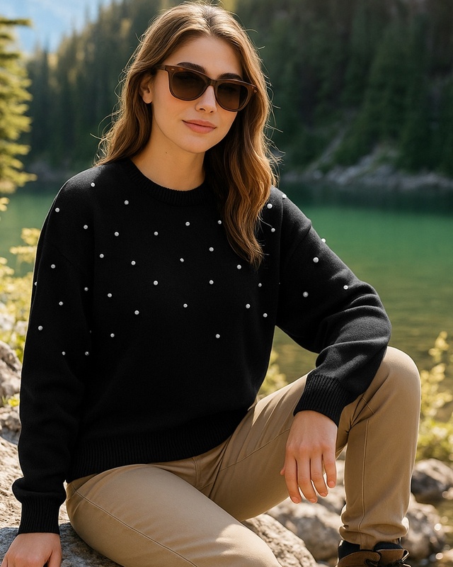 Shop Women's Jet Black Embellished Oversized Sweater-Front