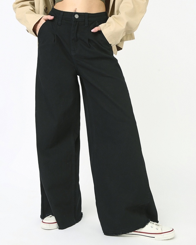 Women's Jet Black Washed Flared Korean Jeans