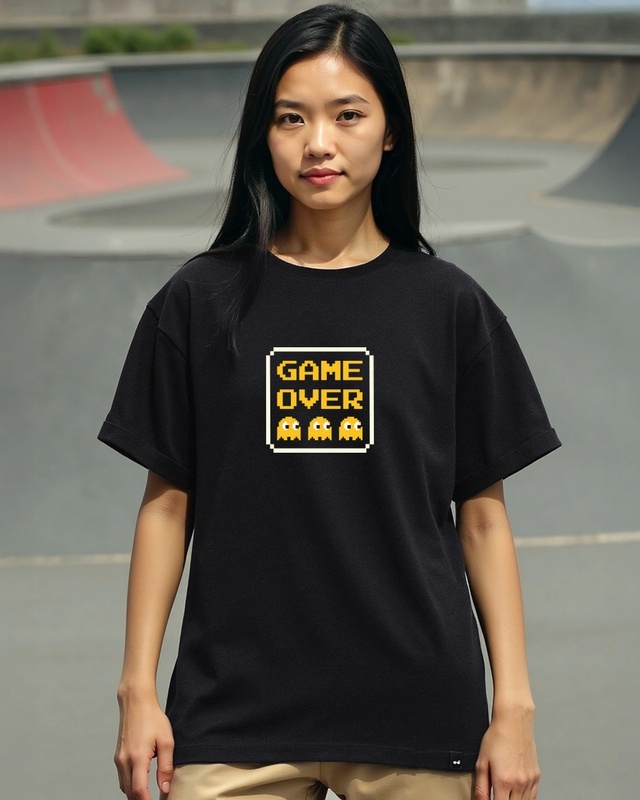Shop Women's Jet Black Game Over Graphic Printed Boyfriend T-shirt-Front