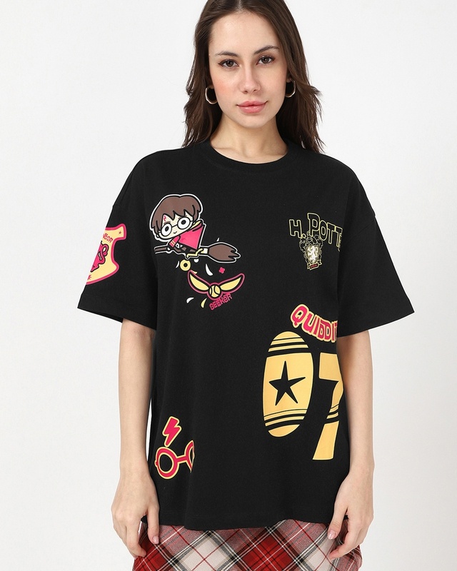 Shop Women's Jet Black Harry Potter Graphic Printed Oversized T-shirt-Front