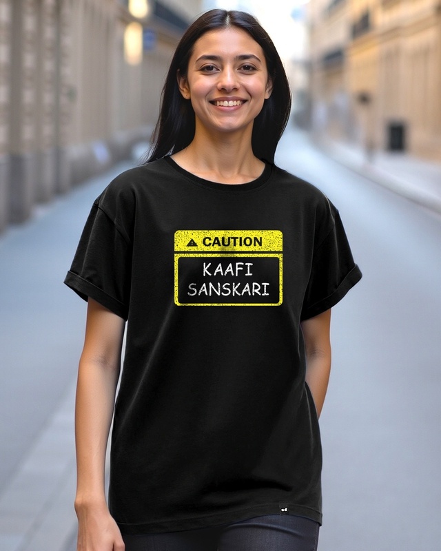 Shop Women's Jet Black Kaafi Sanskari Typography Boyfriend T-shirt-Front