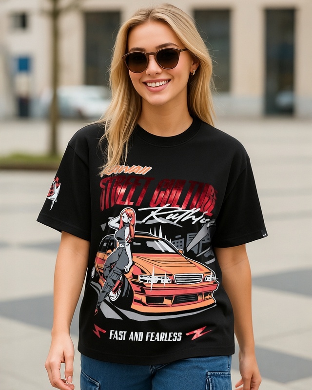 Women's Jet Black Kawaii Racing Graphic Printed Oversized T-shirt-Front Bewakoof Shop Women's Jet Black Kawaii Racing Graphic Printed Oversized T-shirt-Front