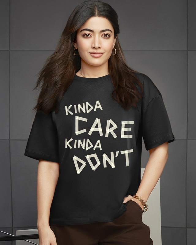 Shop Women's Jet Black Kind A Care Typography Oversized T-shirt-Front