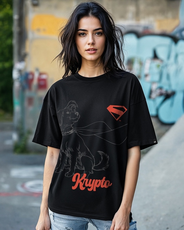 Shop Women's Jet Black Krypto Graphic Printed Oversized T-shirt-Front