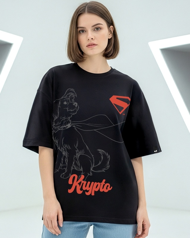 Shop Women's Jet Black Krypto Graphic Printed Oversized T-shirt-Front