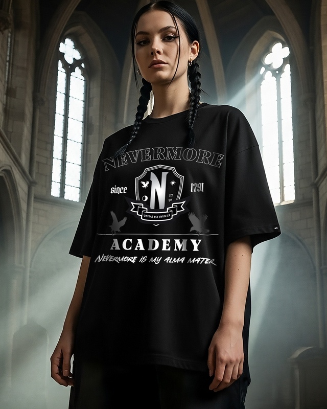 Shop Women's Jet Black Nevermore Academy Graphic Printed Oversized T-shirt-Front