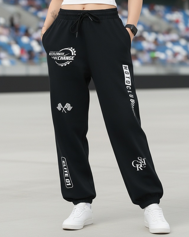 Women's Jet Black Typography Super Loose Fit Joggers