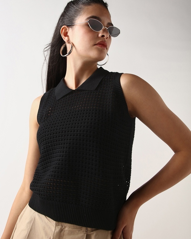 Shop Women's Black Textured Short Top-Front