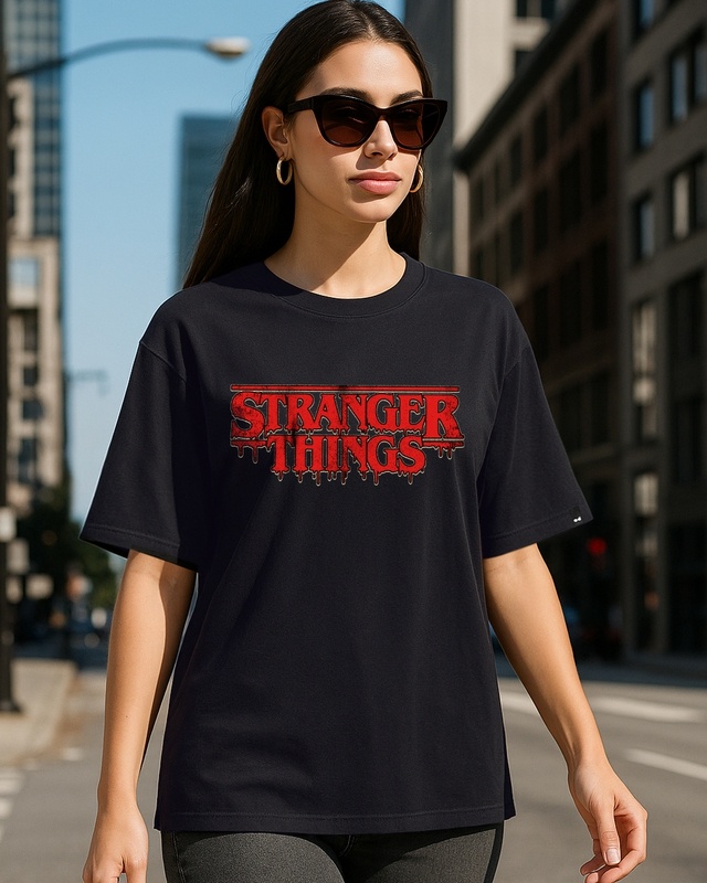 Shop Women's Jet Black Stranger Things Logo Typography Oversized T-shirt-Front