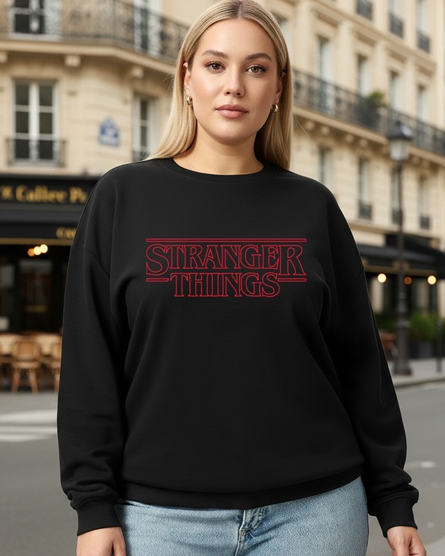 Shop Women's Jet Black Stranger Things Typography Oversized Plus Size Sweatshirt-Front