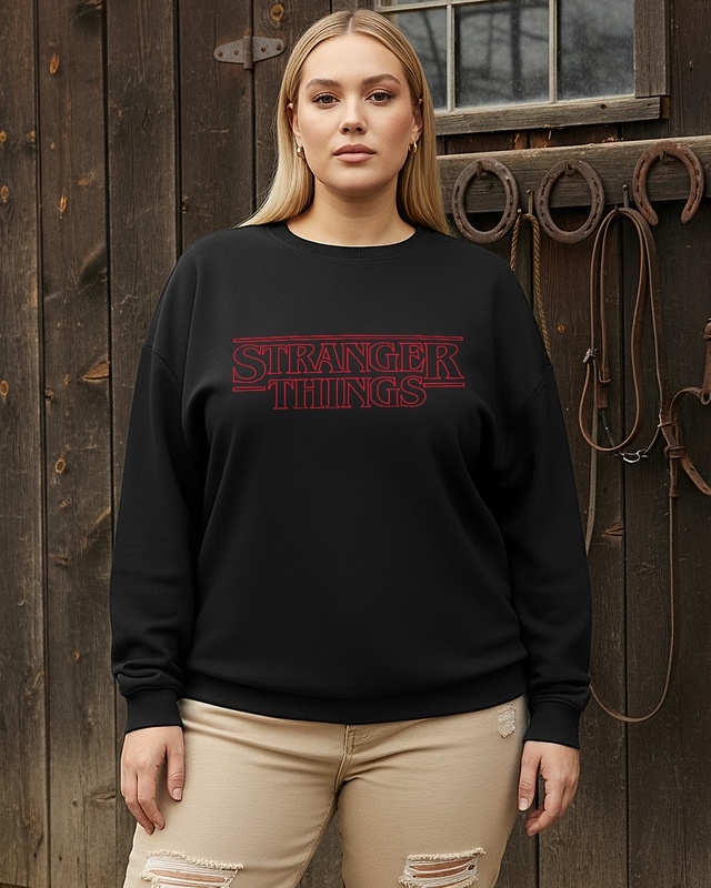Shop Women's Jet Black Stranger Things Typography Oversized Plus Size Sweatshirt-Front