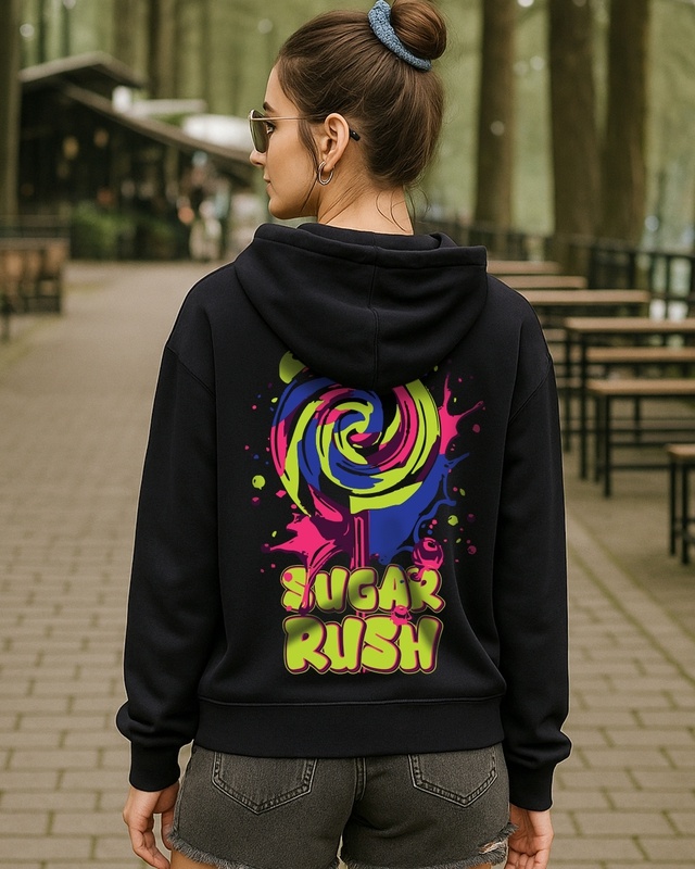 Shop Women's Jet Black Sugar Rush Graphic Printed Oversized Hoodies-Front