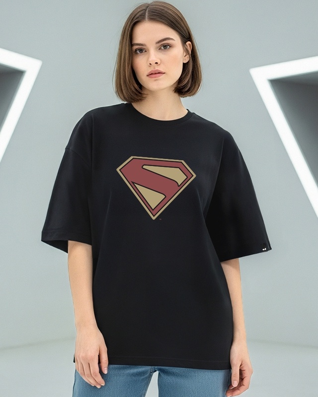 Shop Women's Jet Black Superman Logo Graphic Printed Oversized T-shirt-Front