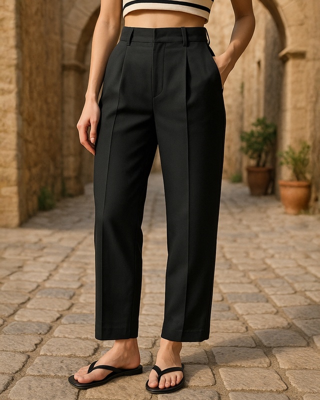 Women's Jet Black Tapered Fit Ankle Length Pants-Front Bewakoof Shop Women's Jet Black Tapered Fit Ankle Length Pants-Front