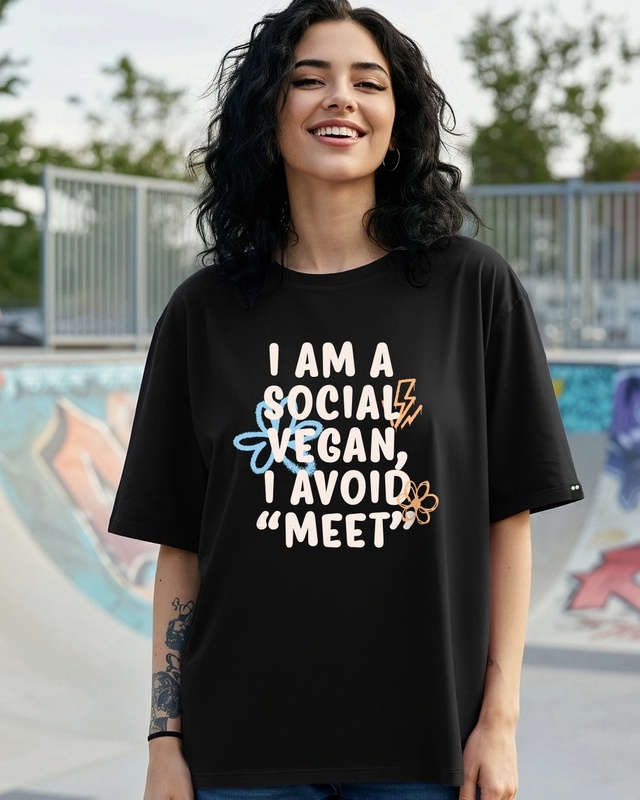 Shop Women's Jet Black Vegan Typography Oversized T-shirt-Front