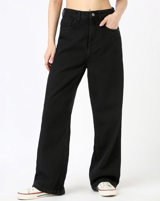 Shop Women's Jet Black Washed Baggy Straight Fit Jeans-Front
