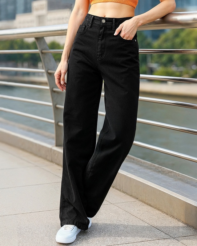 Shop Women's Jet Black Washed Baggy Straight Fit Jeans-Front
