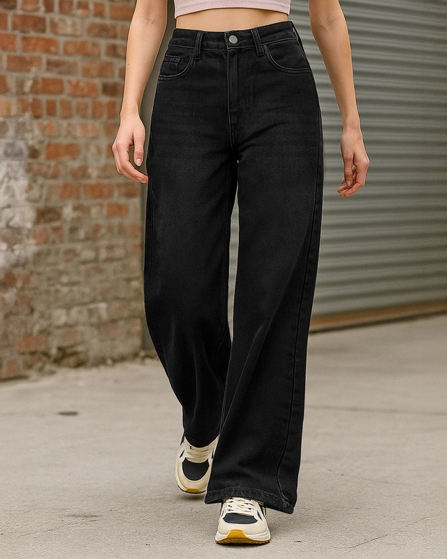 Shop Women's Jet Black Washed Baggy Straight Fit Jeans-Front