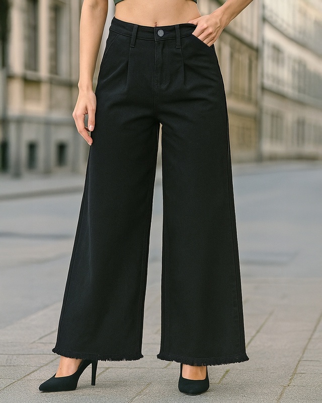 Shop Women's Jet Black Washed Flared Korean Jeans-Front