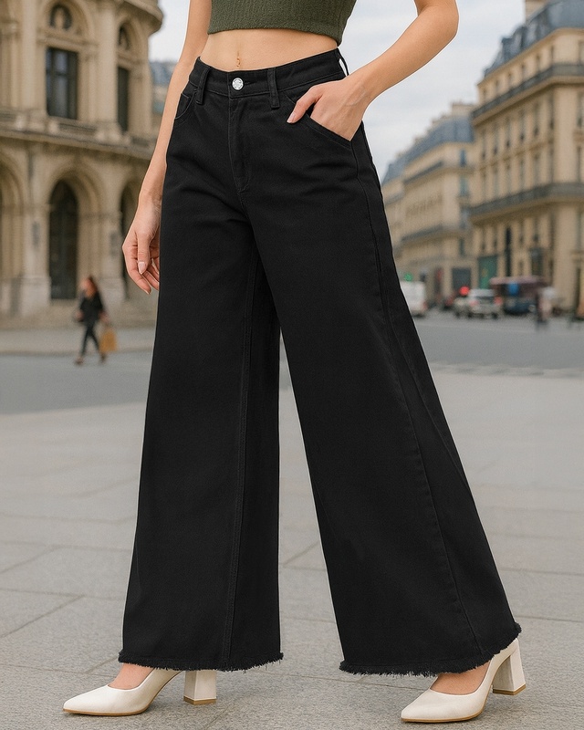 Shop Women's Jet Black Washed Flared Korean Jeans-Front