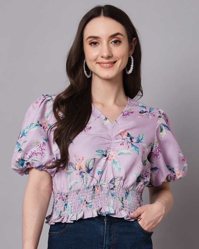 Shop Women's Lavender All Over Floral Printed Short Top-Front