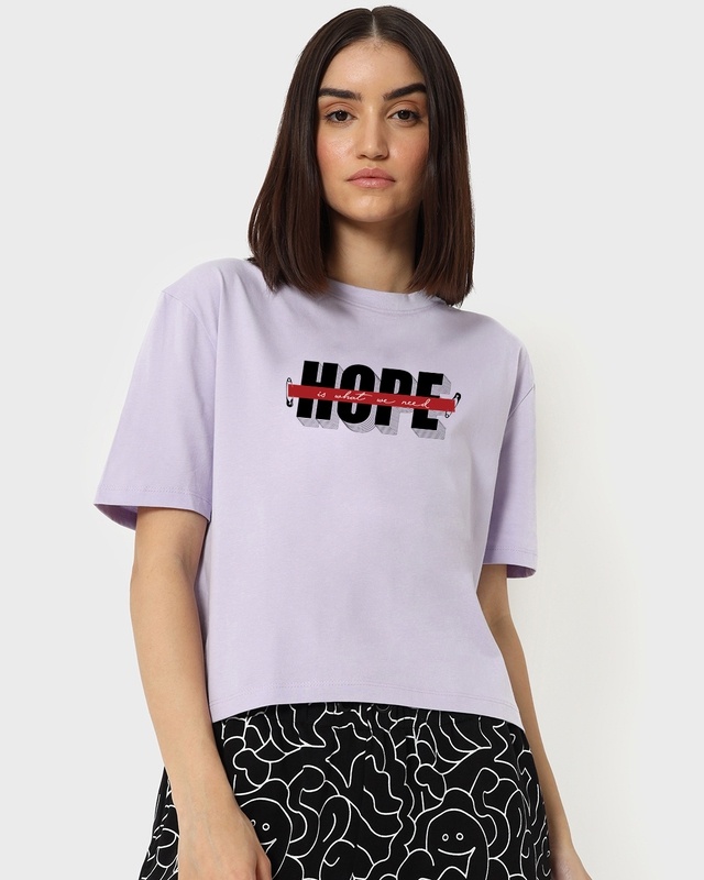 Shop Women's Lavender Hope Need Typography Oversized Short Top-Front