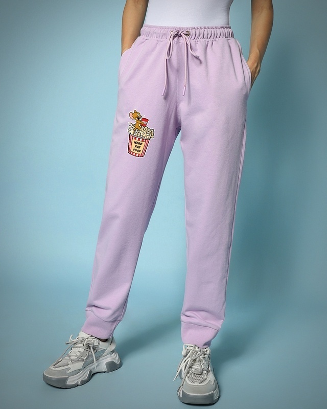 Shop Women's Lavender Jerry Badge Printed Oversized Joggers-Front