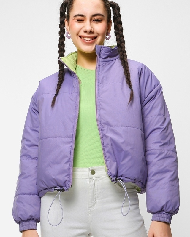 Shop Women's Lavender & Lime Reversible Super Loose Fit Plus Size Puffer Jacket-Front