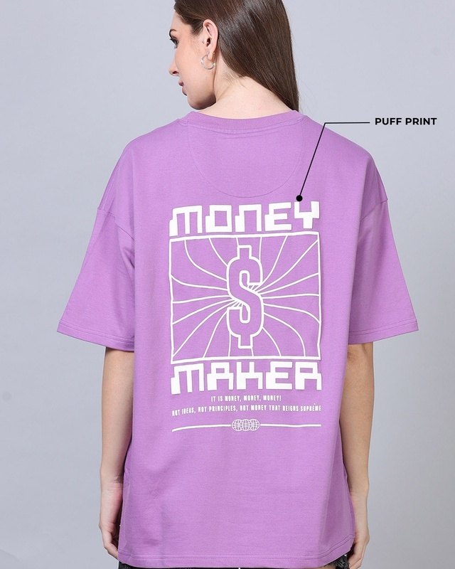 Women's Lavender Money Maker Puff Printed Oversized T-Shirt