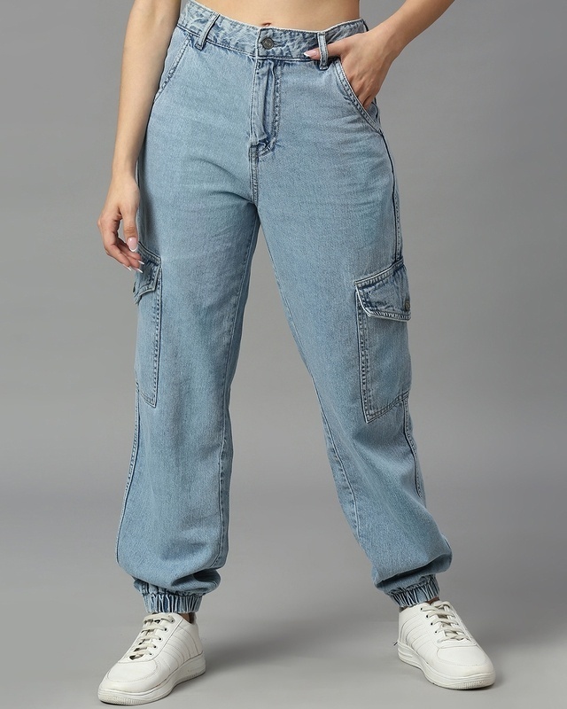 Shop Women's Light Blue Relaxed Fit Cargo Jogger Jeans-Front