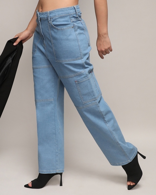 Shop Women's Light Blue Straight Fit Cargo Carpenter Jeans-Front