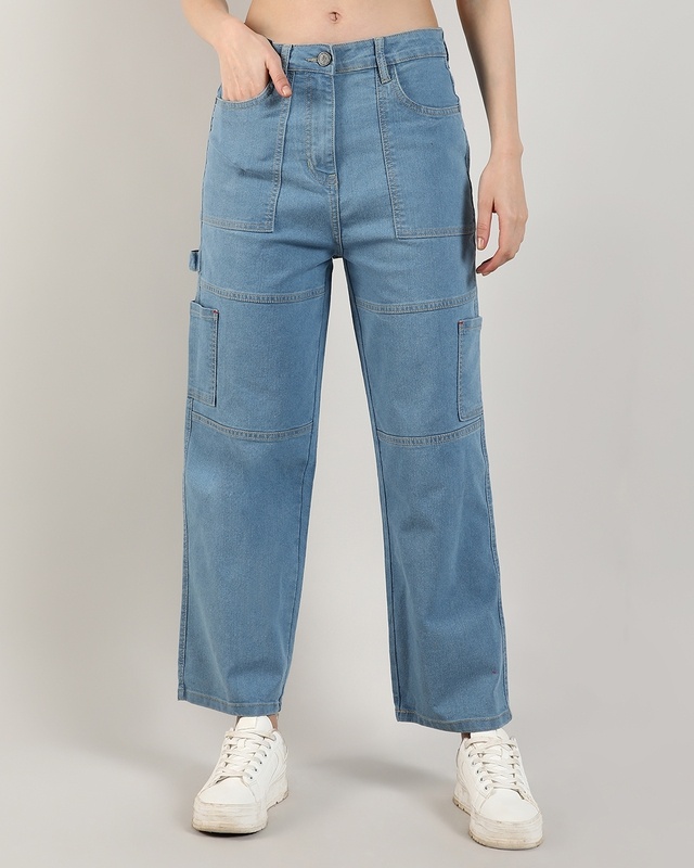 Shop Women's Light Blue Straight Fit Cargo Carpenter Jeans-Front